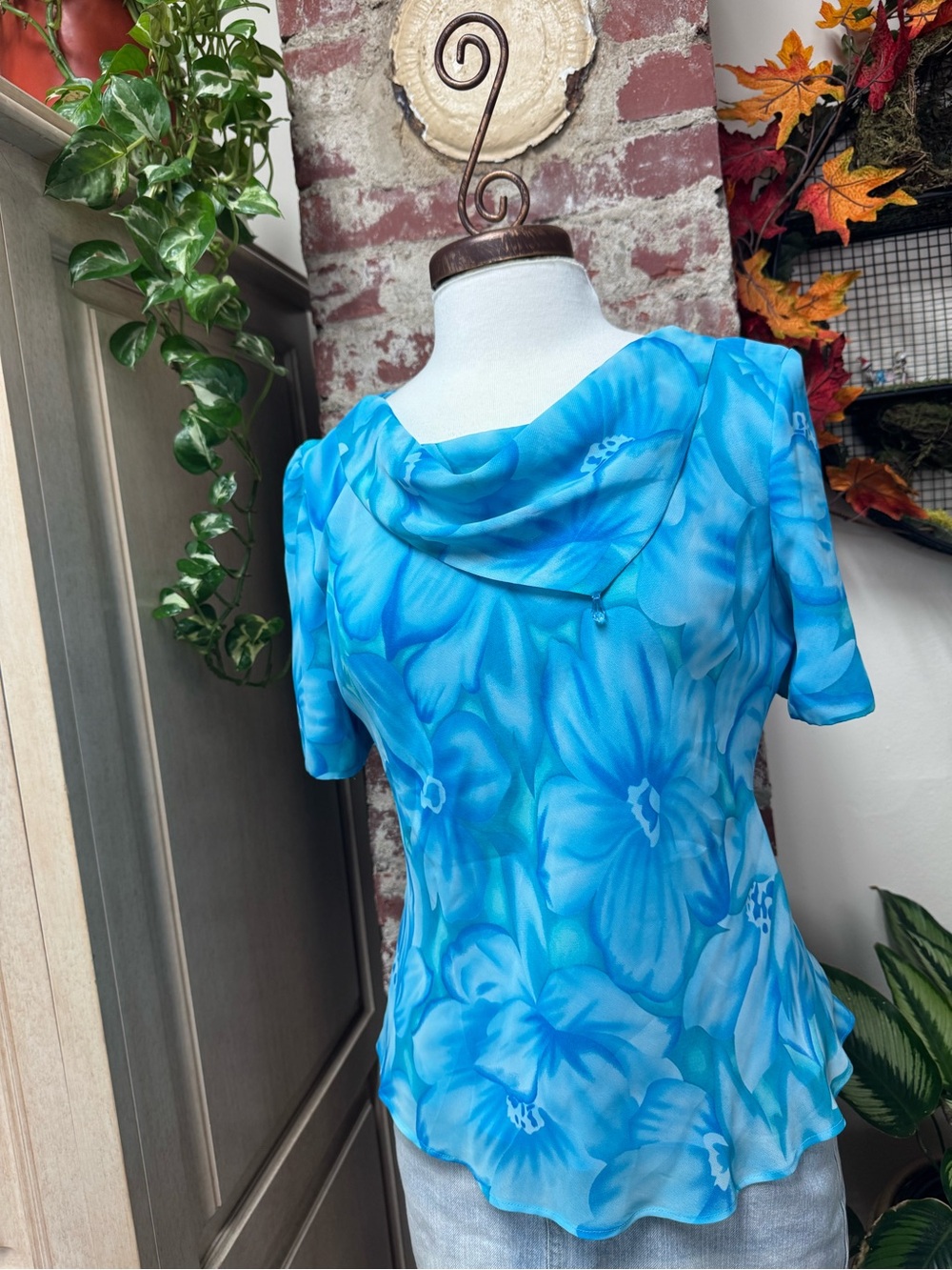Blue Fairy Floral Cowl Neck Crystal Accent Blouse Medium